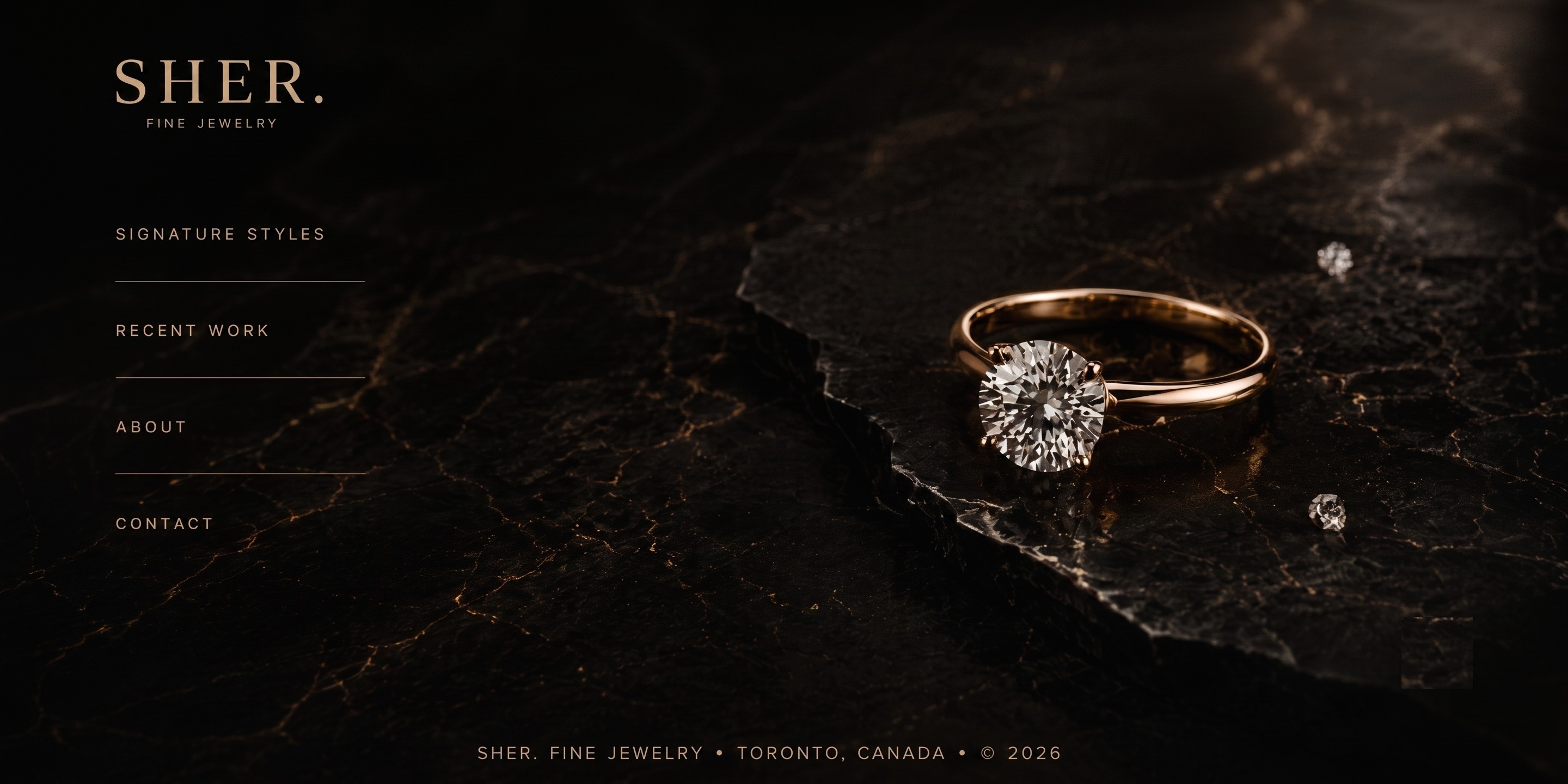 SHER. Fine Jewelry, a gold solitaire engagement ring on black stone laced with gold.