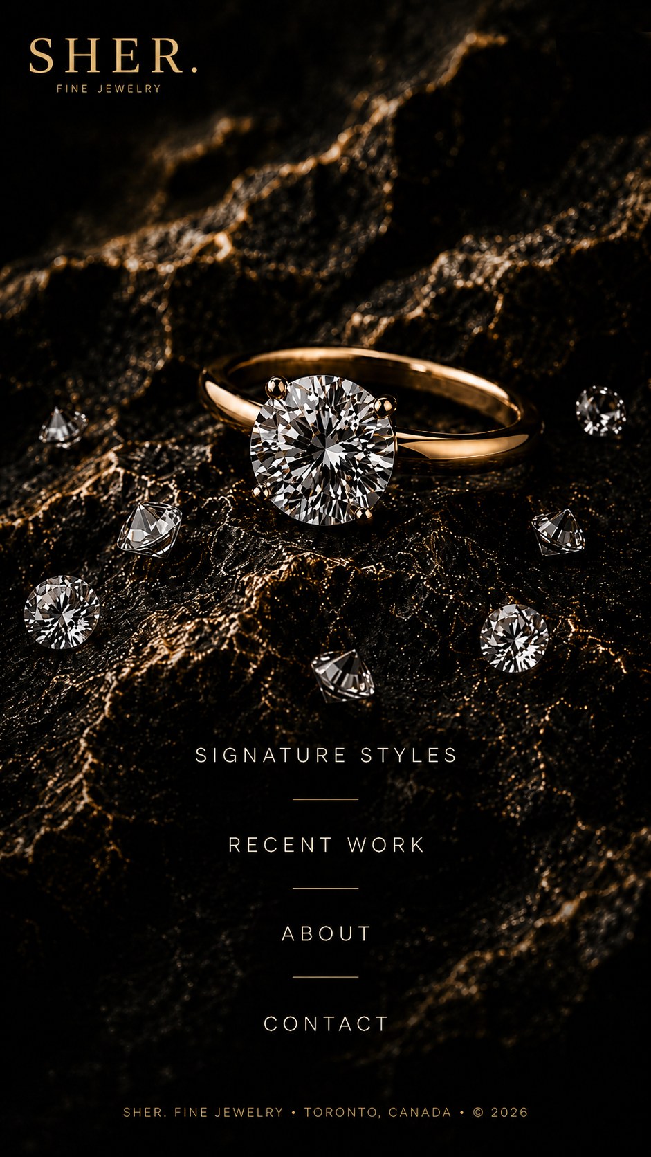 SHER. Fine Jewelry, a gold solitaire engagement ring on dark slate.