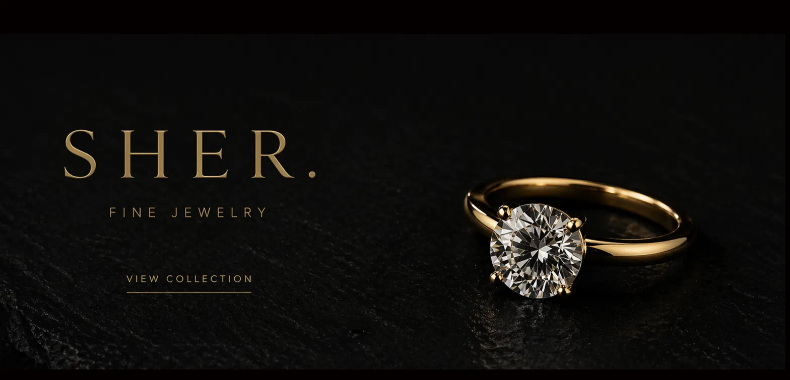 SHER. Fine Jewelry — a gold solitaire engagement ring on dark slate, with a View Collection link.